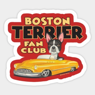 Cute Boston Terrier Dog in classic yellow car retro Boston Terrier in Yellow Classic Car Red Sticker